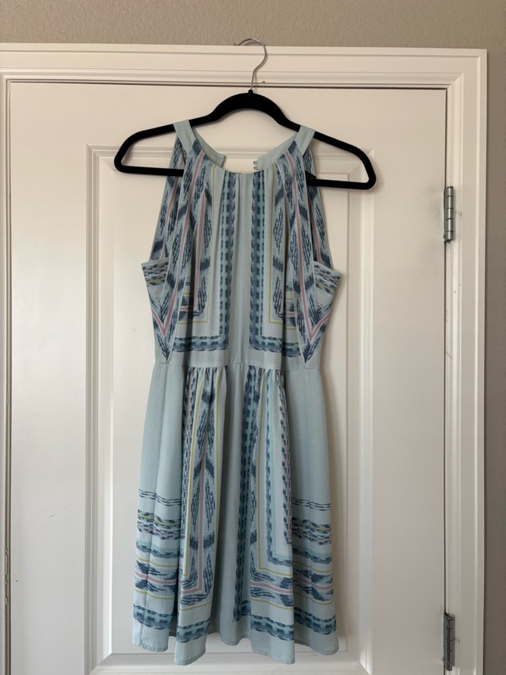 BCBGMaxAzria Pale Blue Geometric Halter Mini Dress